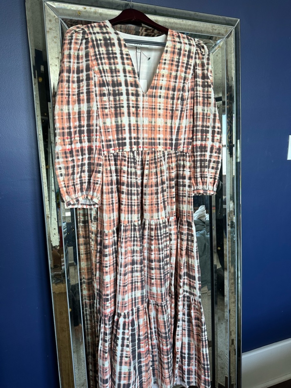 Joie Peach, Brown and Cream Plaid Tiered Maxi Dress